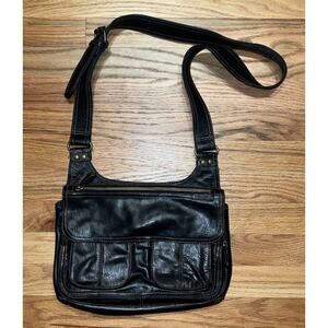 Vintage Fossil Black leather medium multi-compartment crossbody handbag Boho